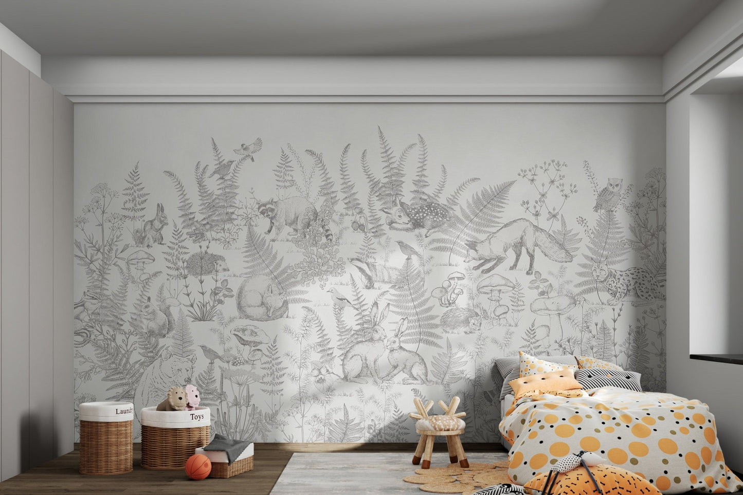 white woodland wall mural featuring a sitting bear in kids bedroom.