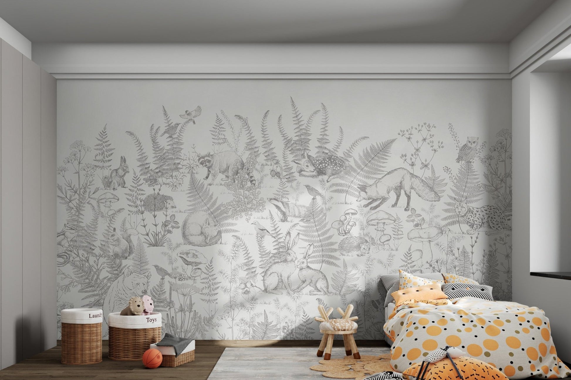 white woodland wall mural featuring a sitting bear in kids bedroom.