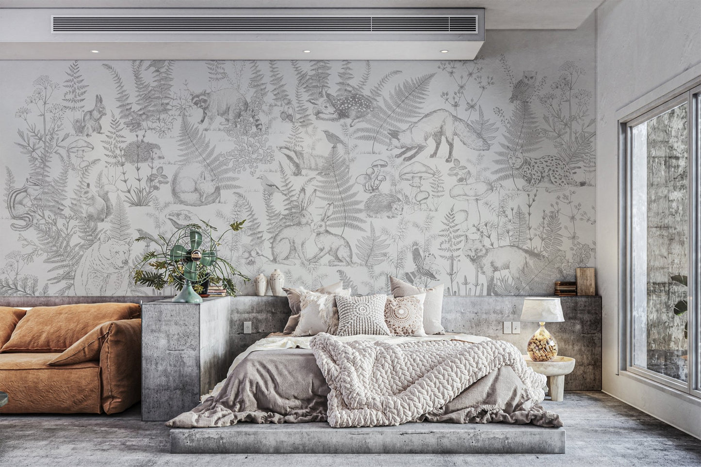 White nature woodland animal mural for living room feature walls.
