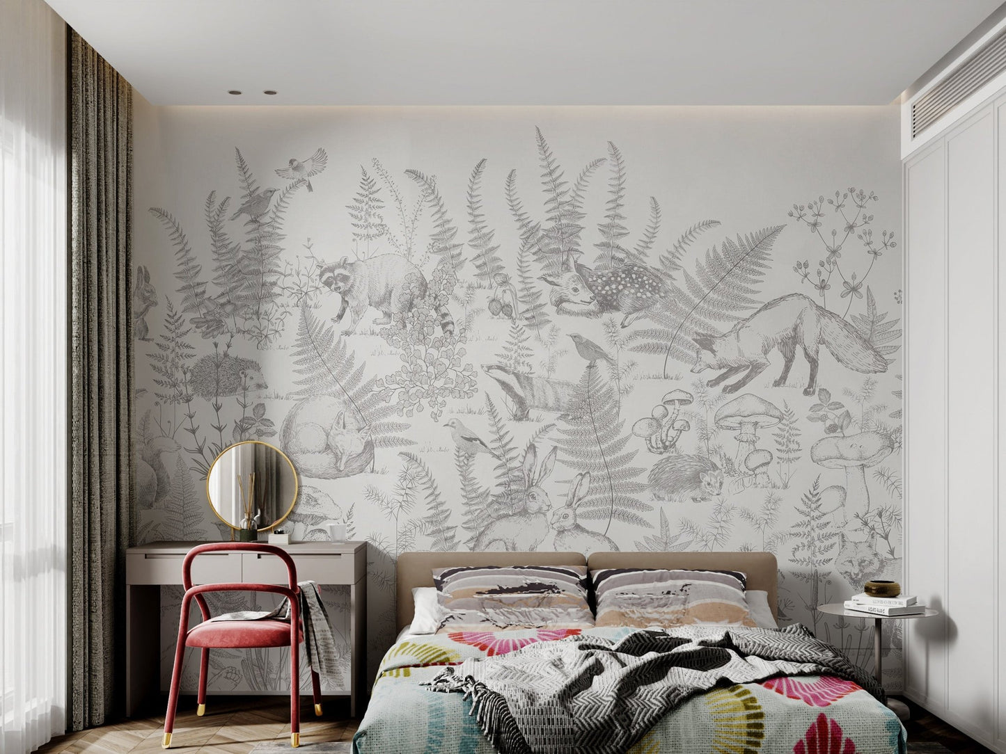 White nature woodland animal mural depicting hedgehogs and mushrooms