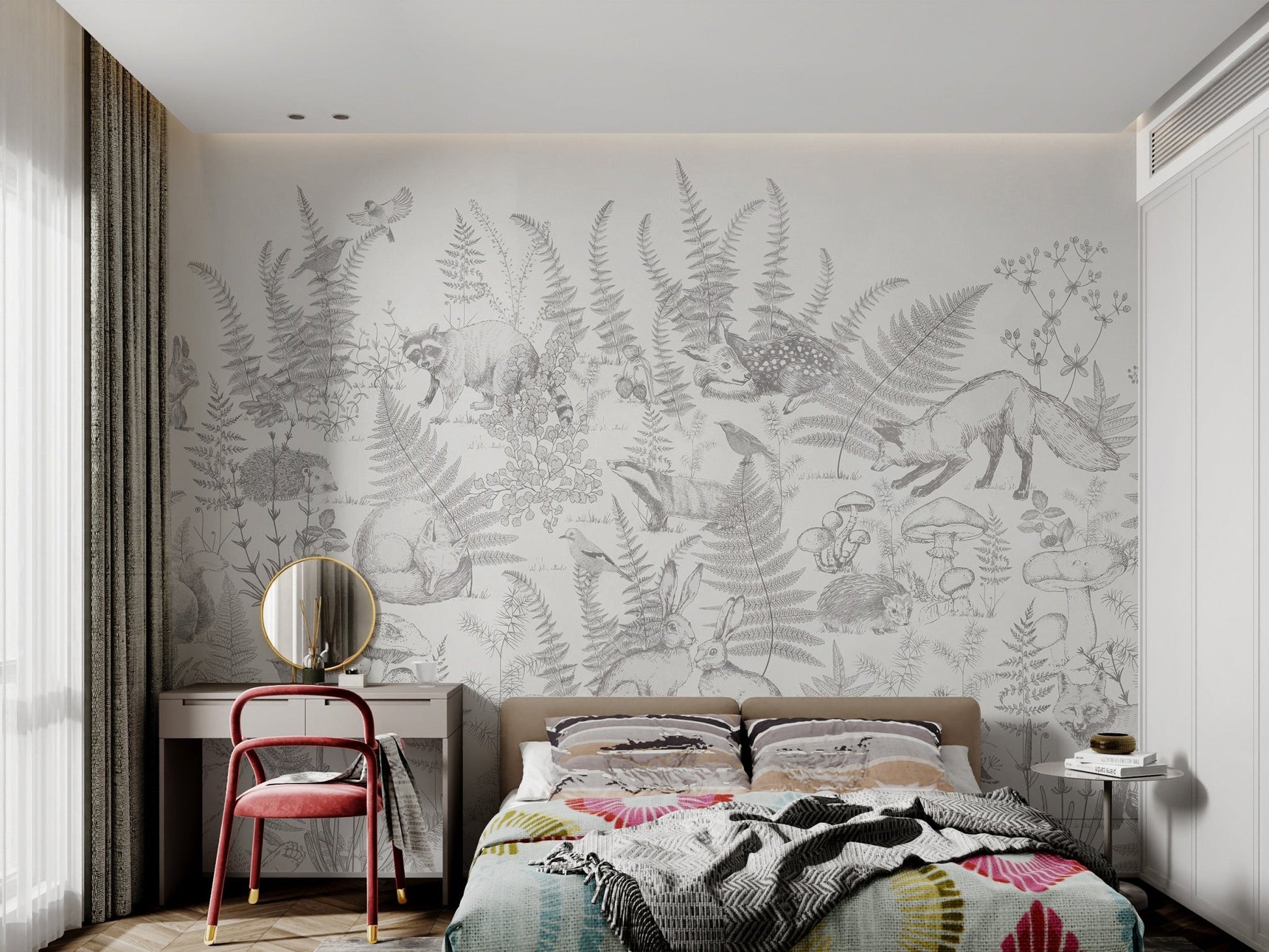 White nature woodland animal mural depicting hedgehogs and mushrooms