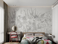 White nature woodland animal mural depicting hedgehogs and mushrooms