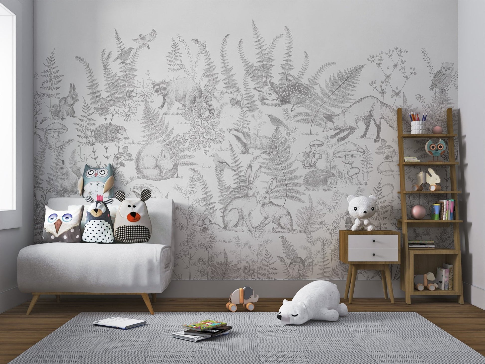 Woodland animal wall mural showing a badger and squirrel in nursery.