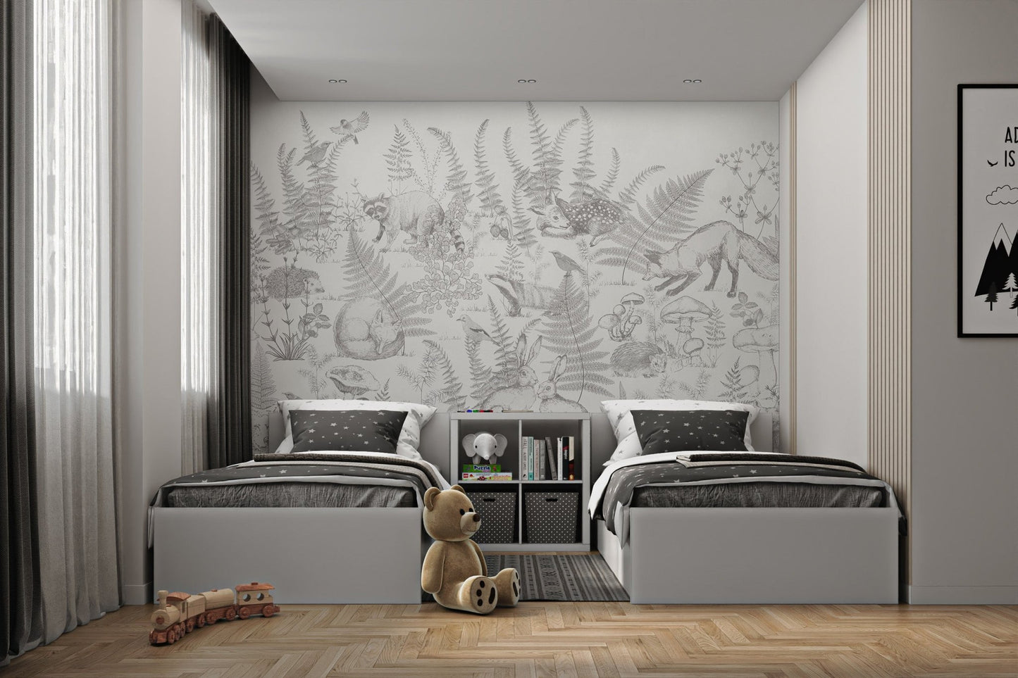 Hand-drawn deer and hare illustrations on white nature woodland animal mural