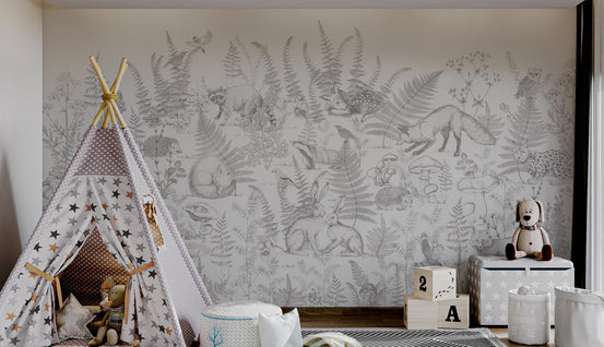 White nature woodland animal mural with sketches of foxes and ferns.
