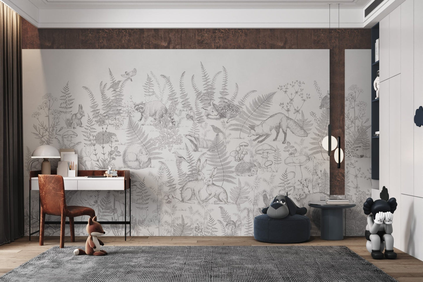 White nature woodland animal wall mural for study area.