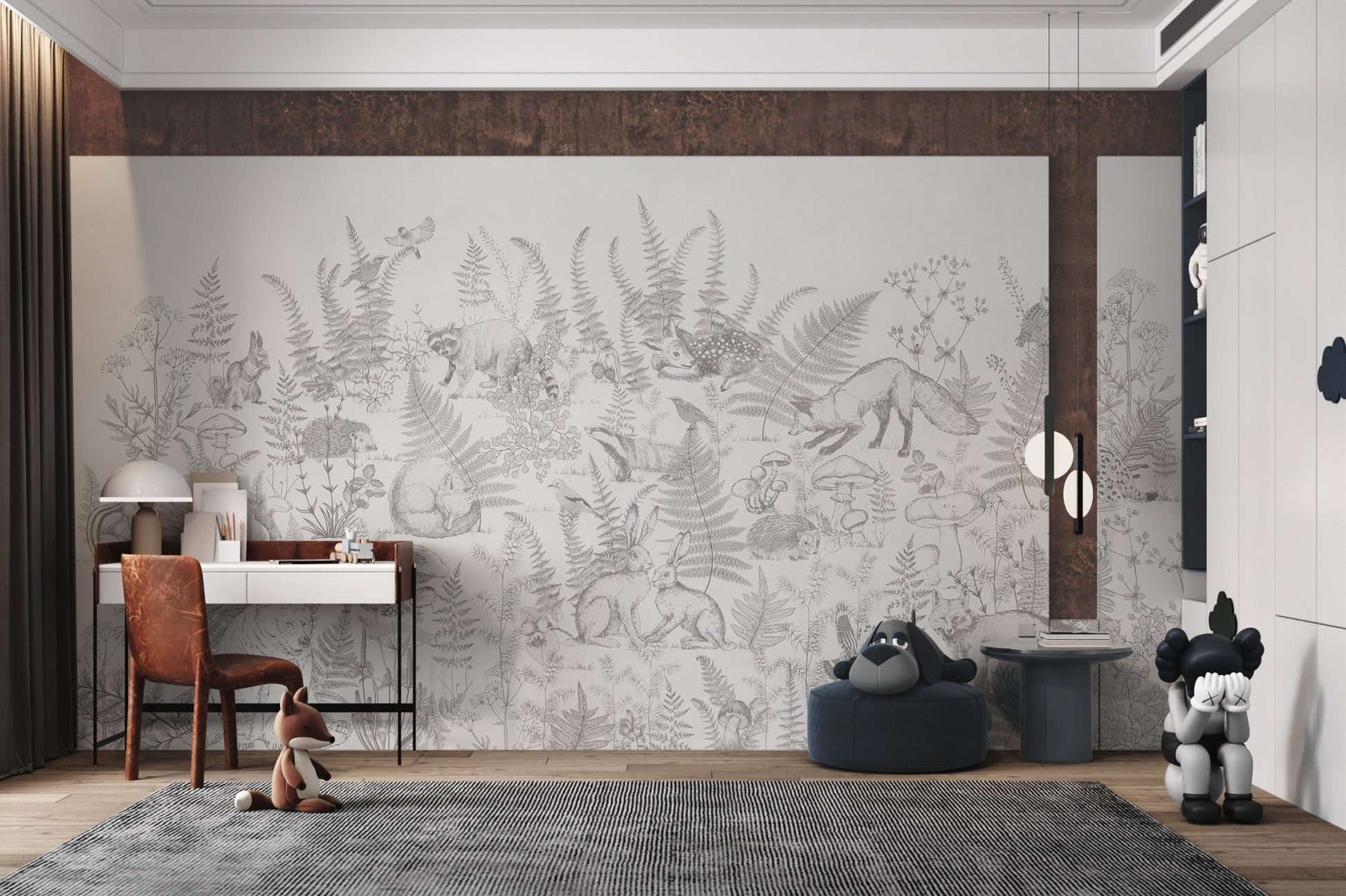 White nature woodland animal wall mural for study area.