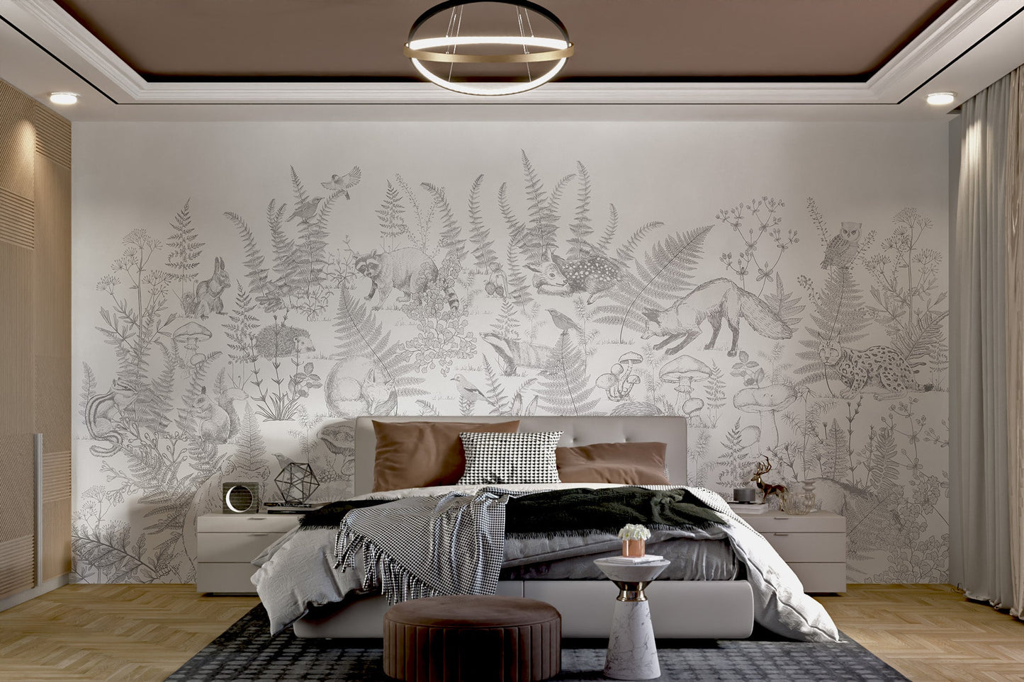 Monochrome woodland mural with raccoons and ferns for bedroom walls.