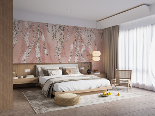 Bedroom with White Orchids Drape Wall Murals on pink background