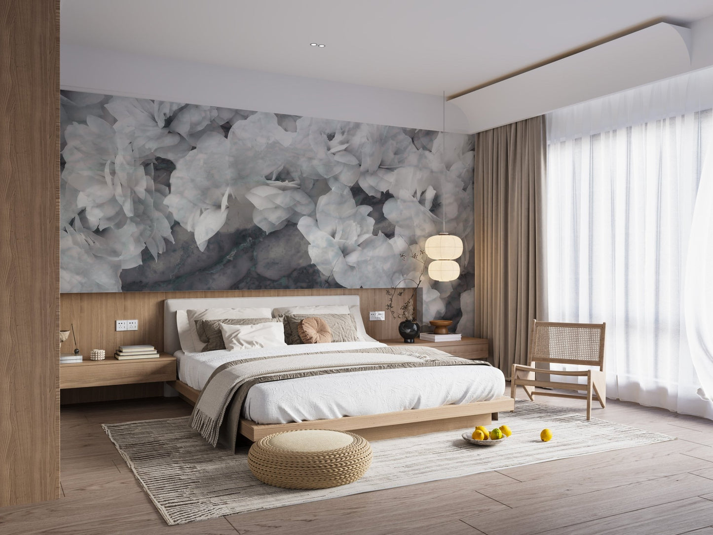 White Orchid Blossom Mural n a bedroom with a light wood bed frame.