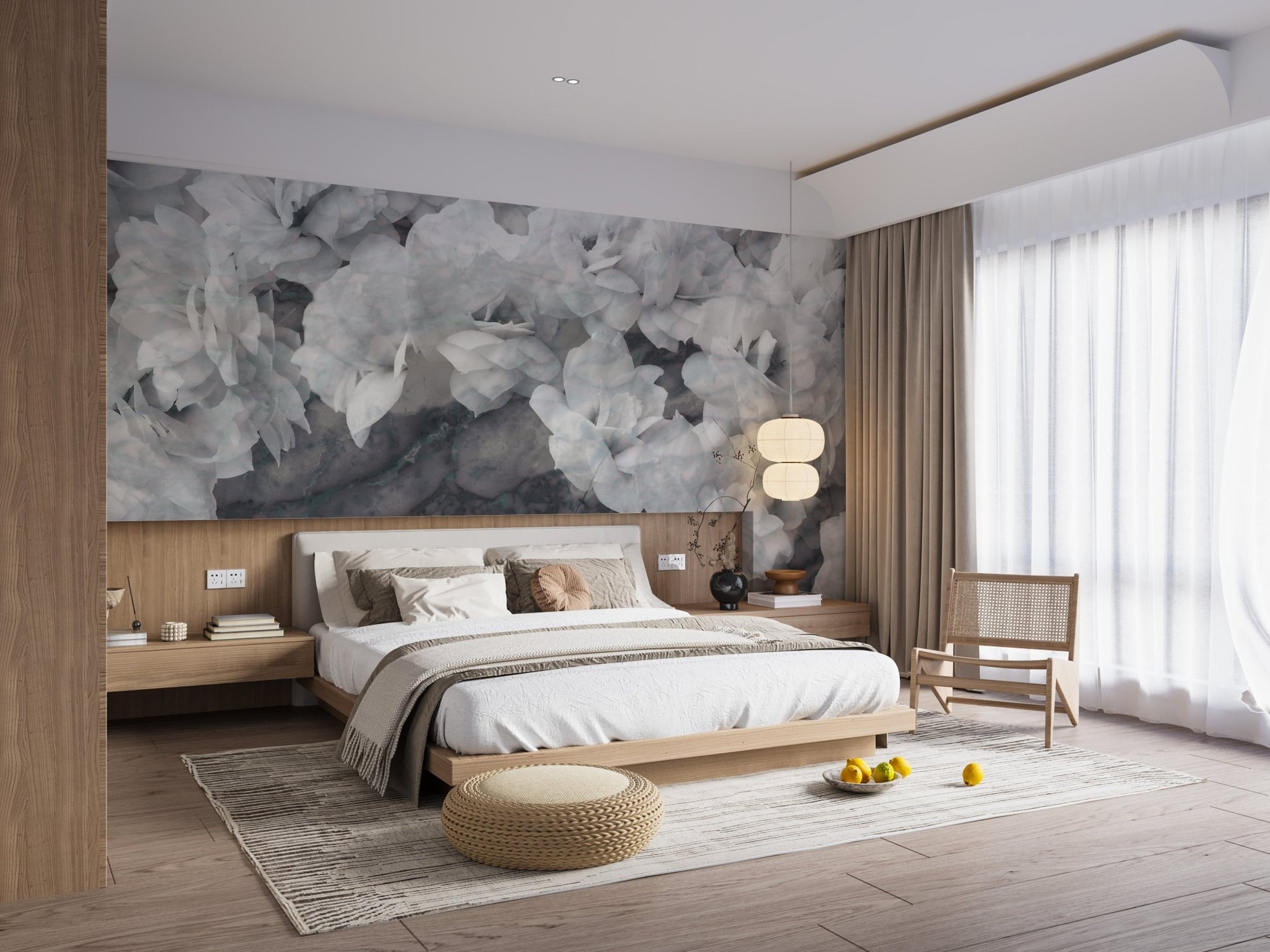 White Orchid Blossom Mural n a bedroom with a light wood bed frame.