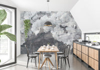 Soft White Orchid Wall Mural in a dining space and kitchen.
