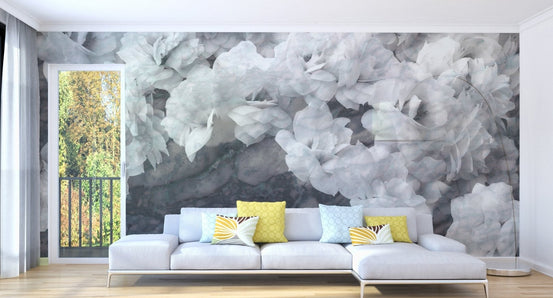 White Orchids Wall Mural in a bright living room.