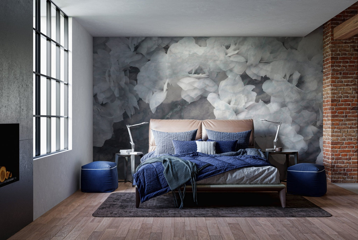 Orchid-Themed Wall Mural behind a dark blue bed with industrial windows.