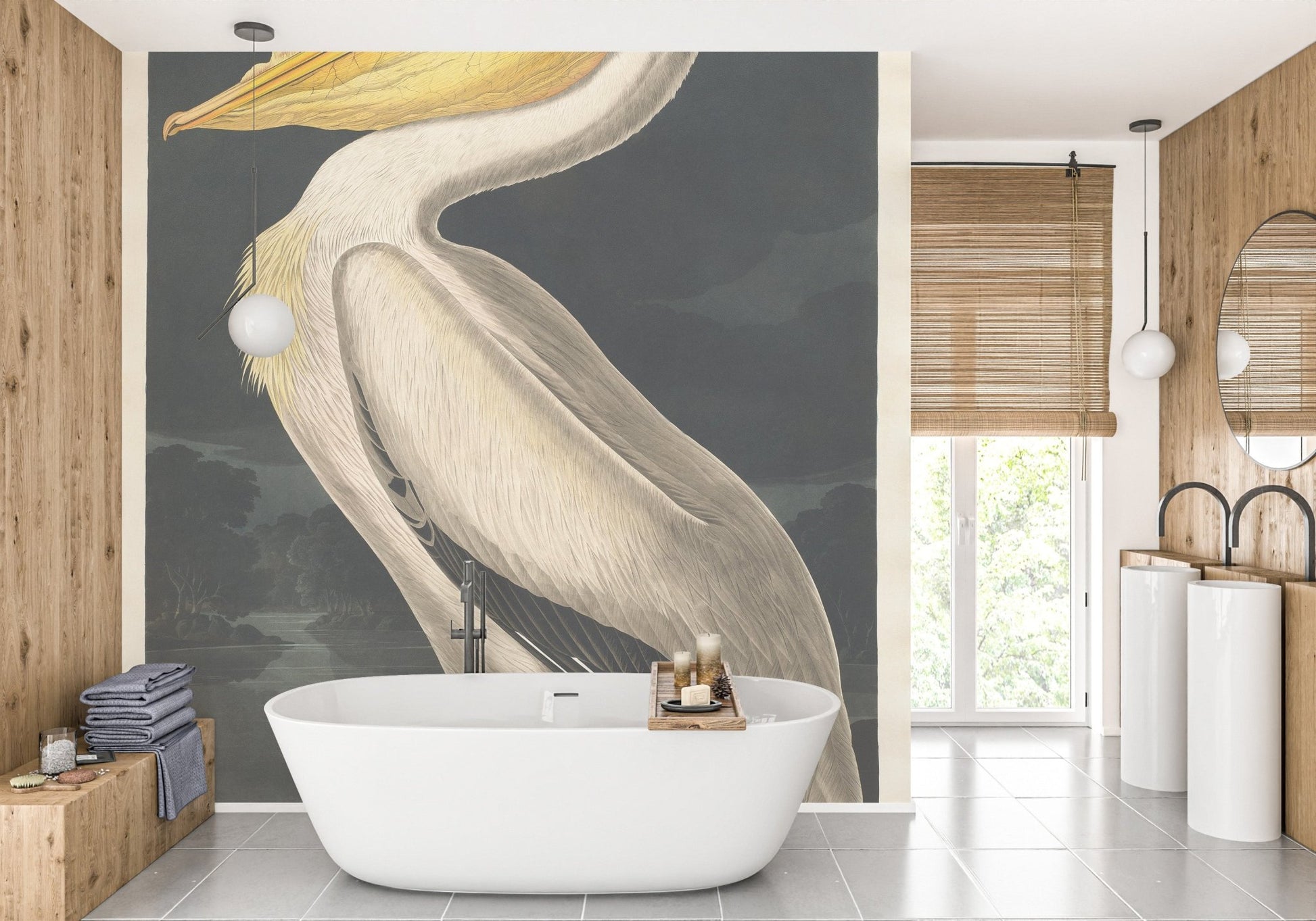 Modern bathroom featuring a white pelican wall mural and white tub.