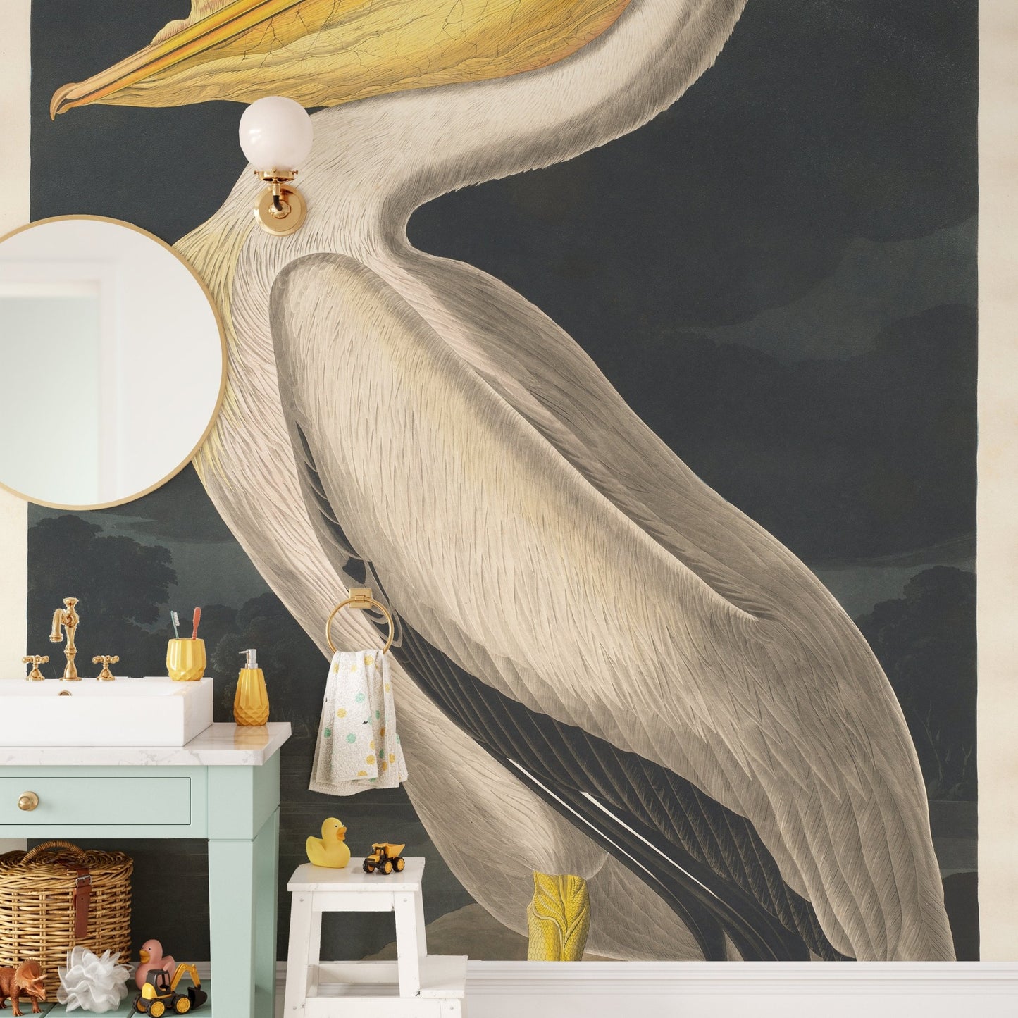 Bathroom with White Pelican Bird Wall Mural behind a mint green vanity.