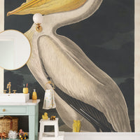 Bathroom with White Pelican Bird Wall Mural behind a mint green vanity.