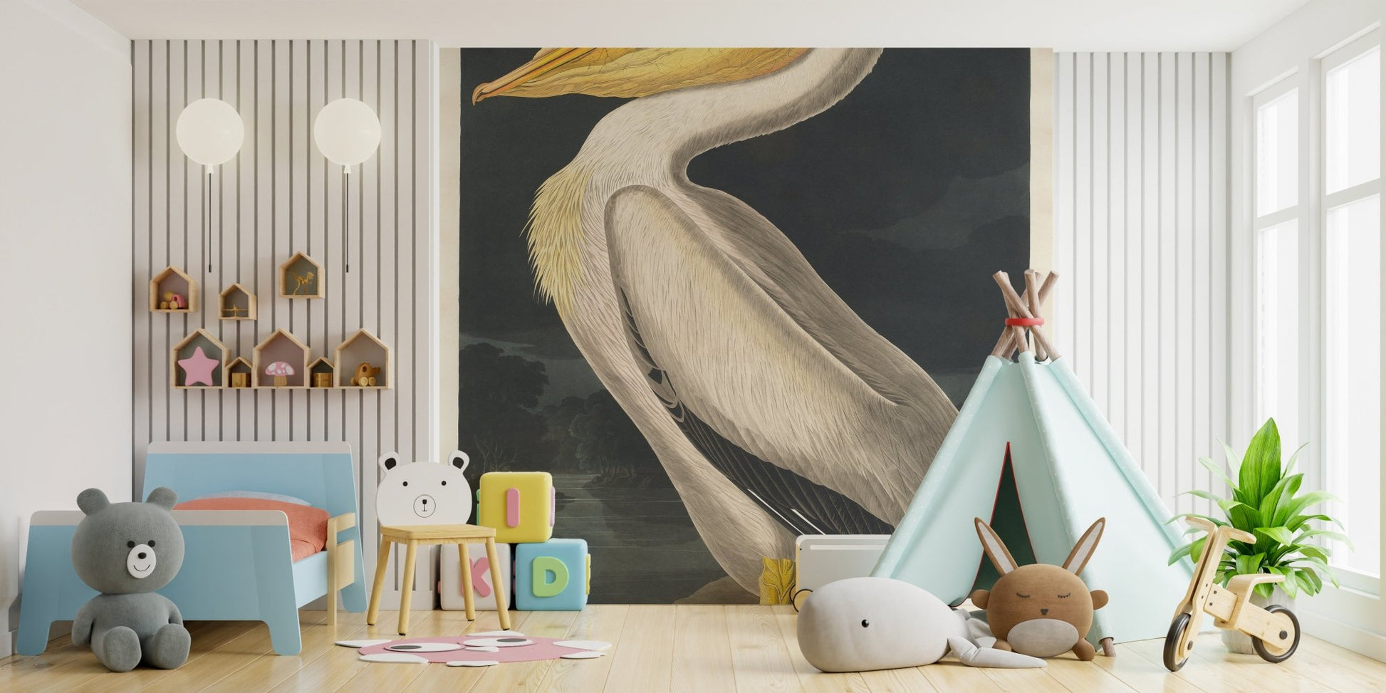 Large bird wall mural in a child's bedroom with a play tent.