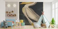 Large bird wall mural in a child's bedroom with a play tent.