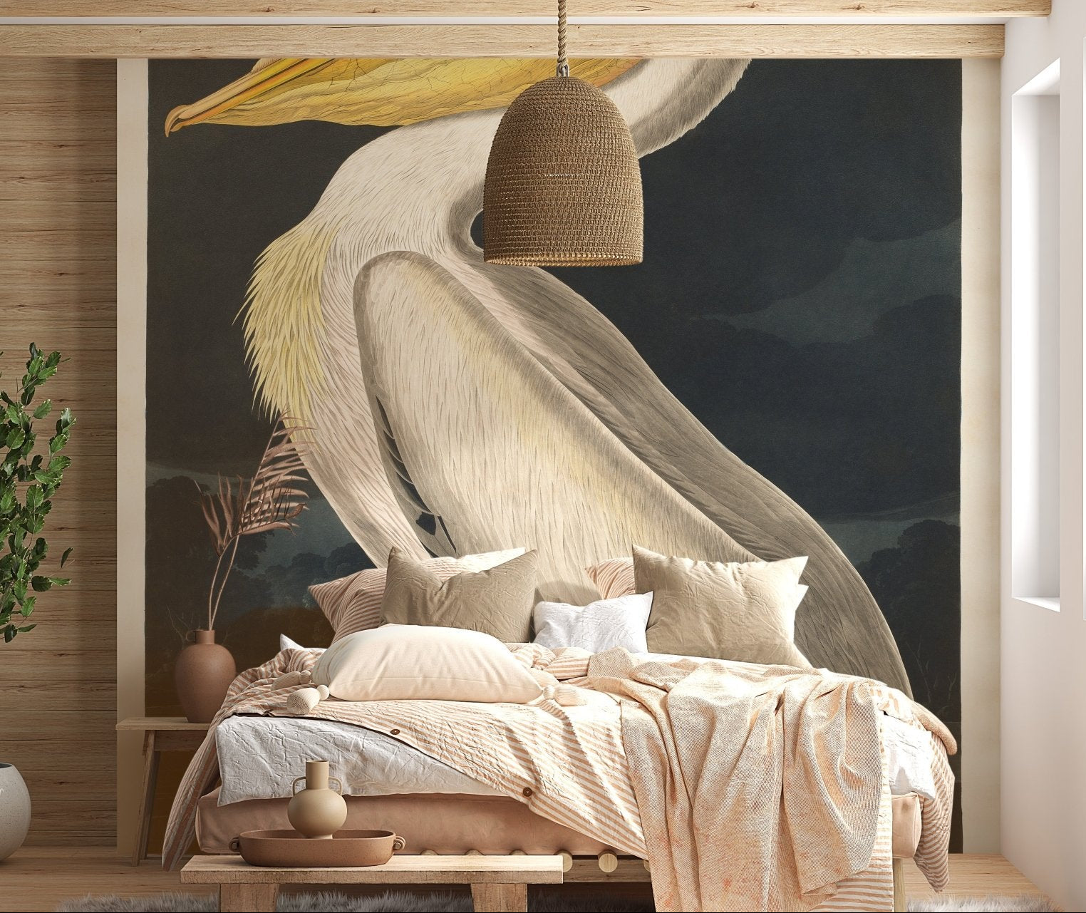Master bedroom with White Pelican Bird Wall Mural and neutral linens.