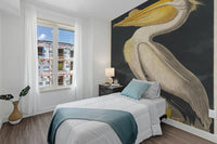 Minimalist bedroom with White Pelican Bird Wall Mural and blue bedding.