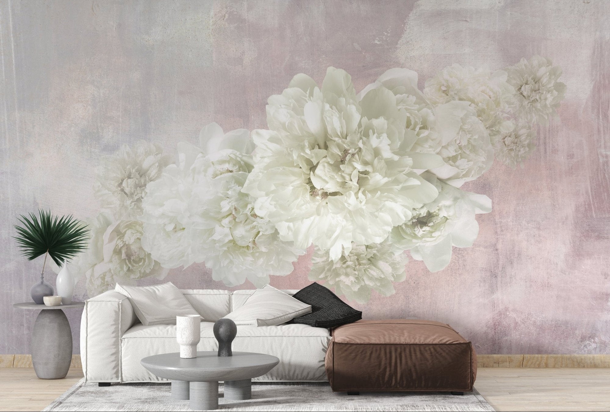 White peony wall mural in a modern living space.
