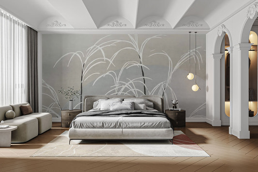 White reeds wall mural with minimalist botanical line art on beige.