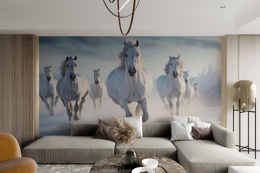 Seven white horses running through winter frost wall mural.