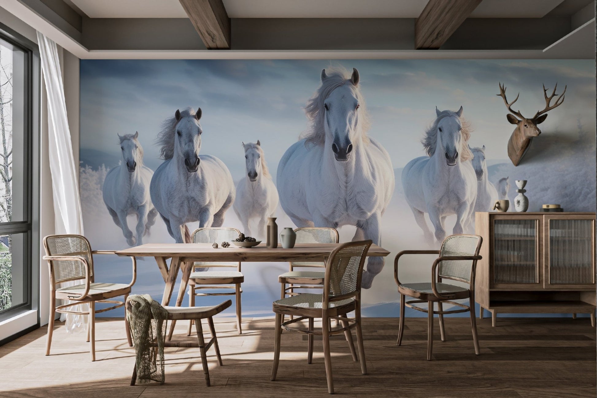 White Stallions in Snow Wallpaper - Wallanza
