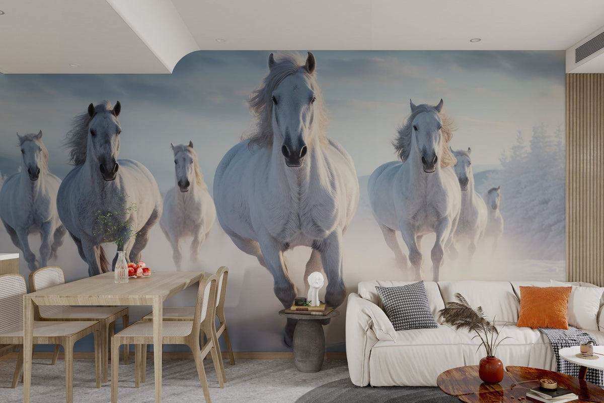 Majestic white stallions in snow wallpaper for nature themed interiors.