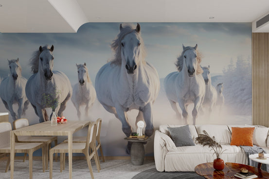 Majestic white stallions in snow wallpaper for nature themed interiors.