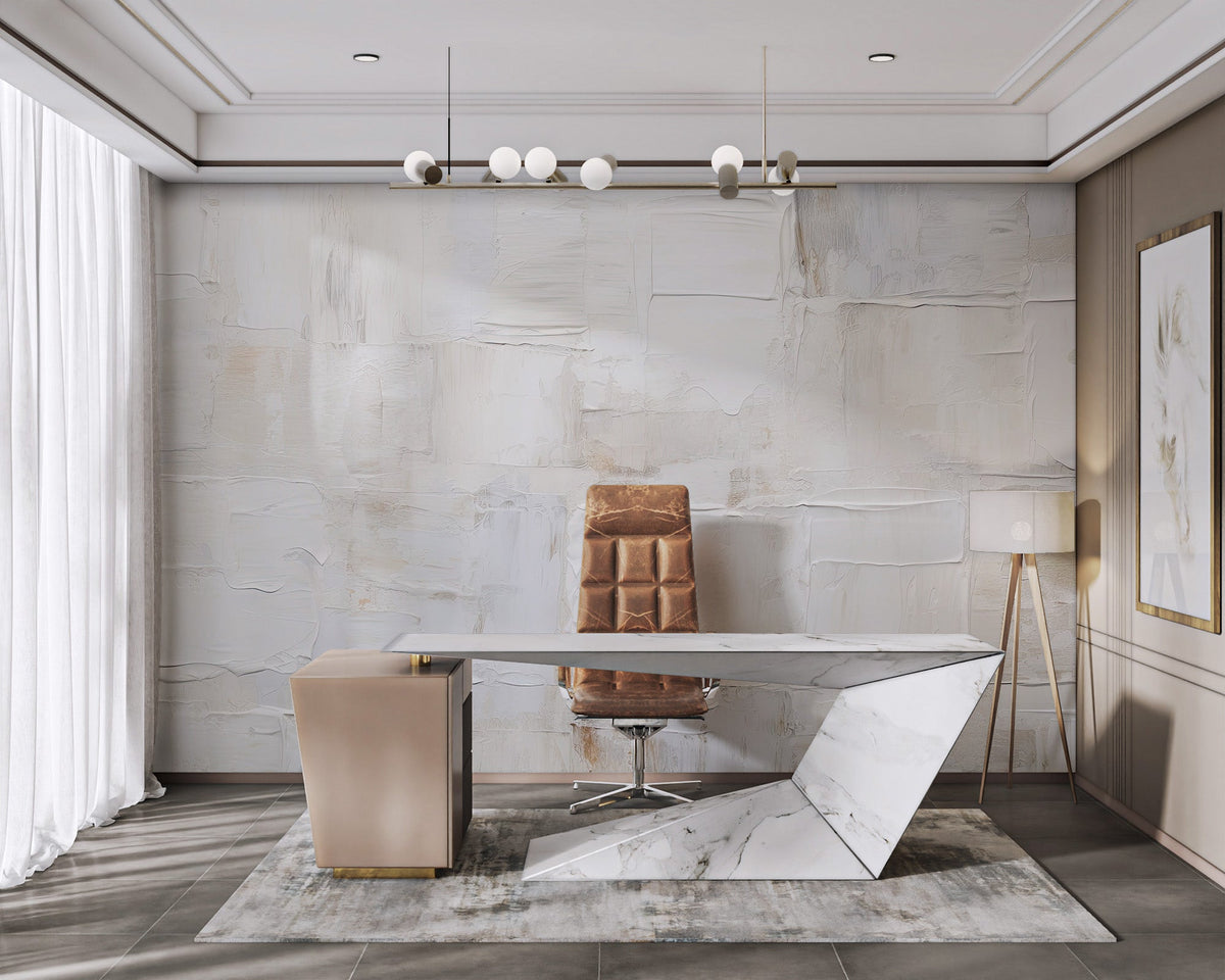Minimalist white textured wallpaper featuring thick paint layers.