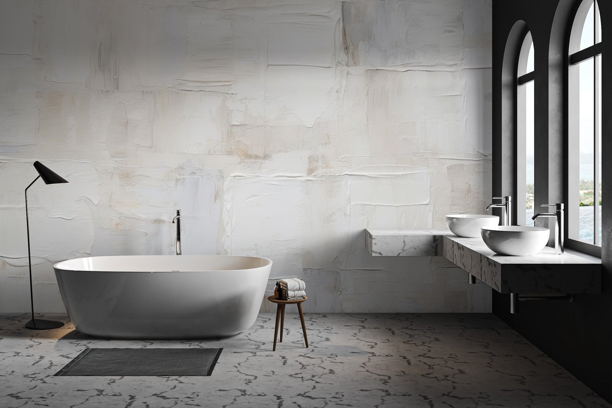 White textured plaster effect wallpaper with palette knife strokes.