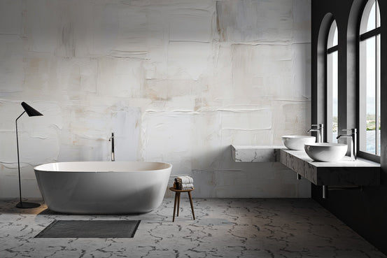 White textured plaster effect wallpaper with palette knife strokes.