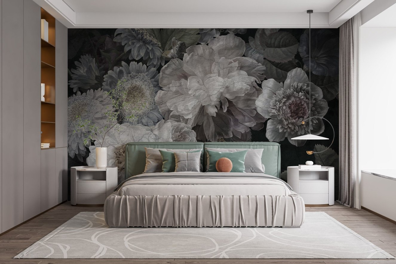 White Wildflower Canopy Wall Mural in a modern bedroom with a grey bed.