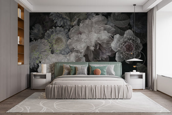 White Wildflower Canopy Wall Mural in a modern bedroom with a grey bed.