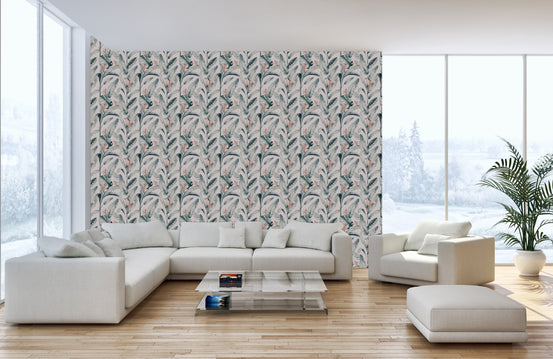 Modern living room featuring a subtle botanical wallpaper mural.