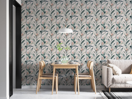 Dining room with Whitewashed Tropical Palms wallpaper on main wall.