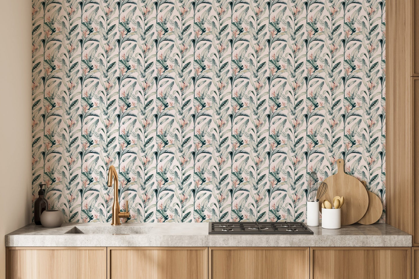 Whitewashed Tropical Palms Mural for bright spaces