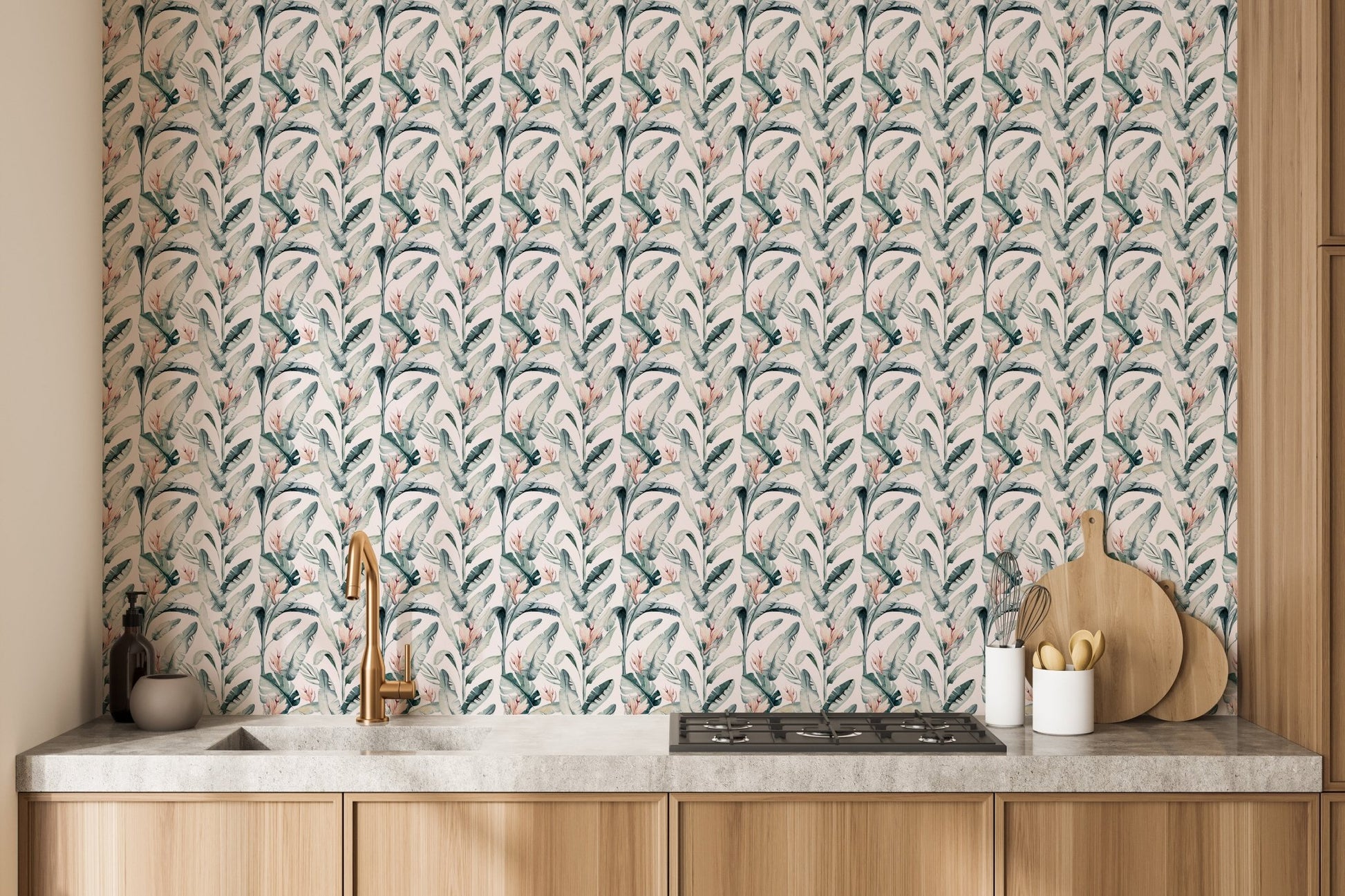 Whitewashed Tropical Palms Mural for bright spaces