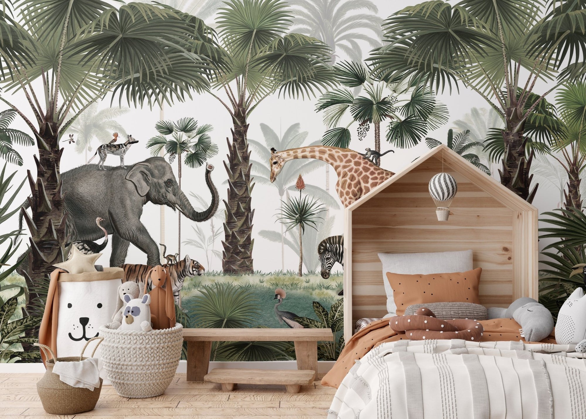 Wild animals oasis wallpaper mural featuring an elephant and tiger in the jungle.