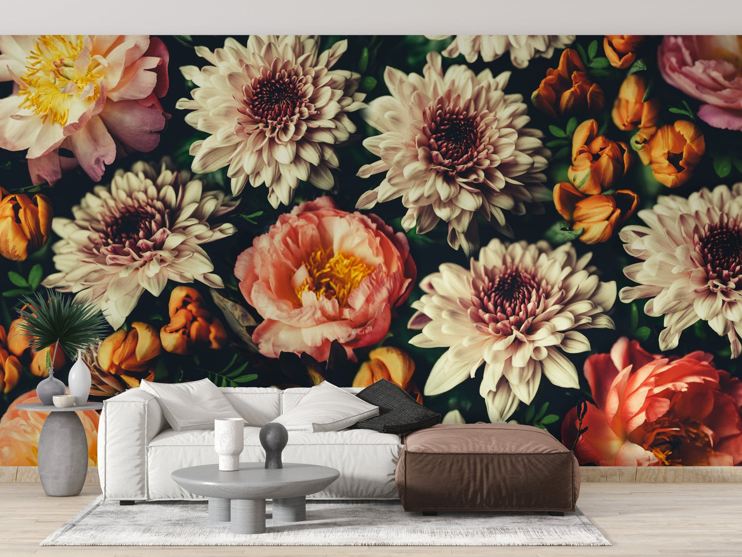 Large living interior with Wild Floral Serenity wall mural.