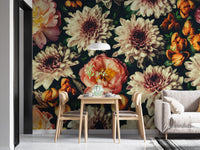 Dining room wall featuring a floral pattern wall mural