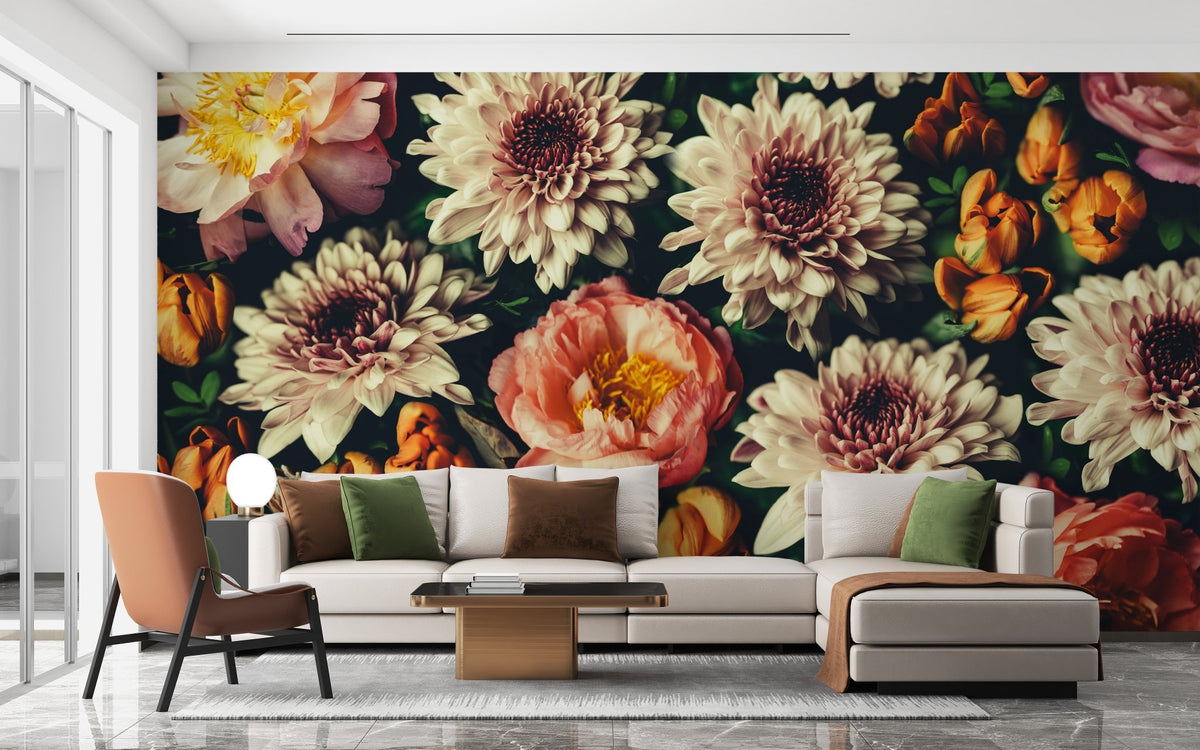 Minimalist living area with a Wild Floral Serenity wall mural.