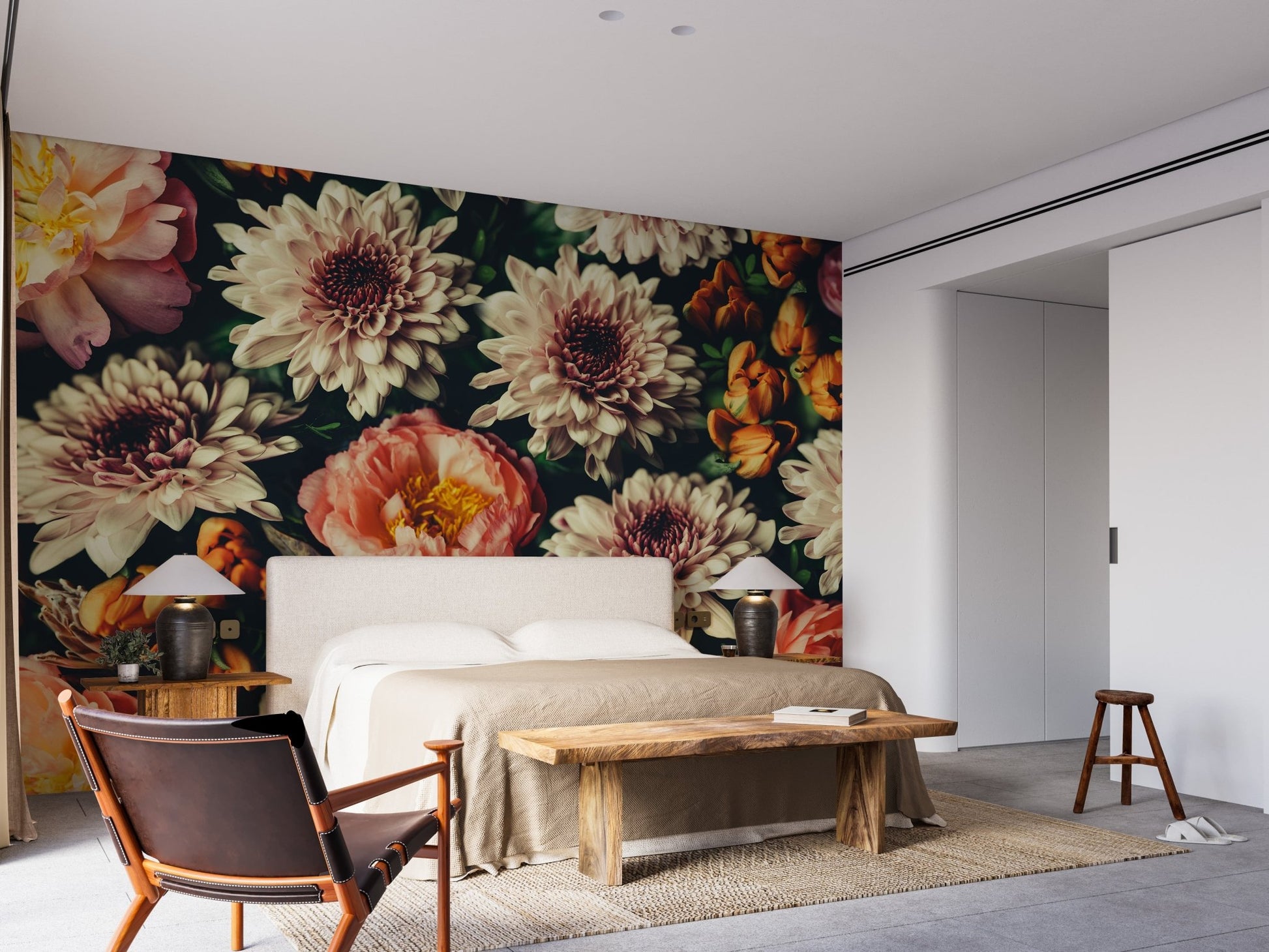 Bedroom decor with a large scale botanical wallpaper mural