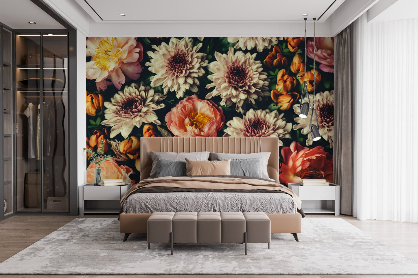 Feature wall with Wild Floral Serenity wallpaper in a bedroom.