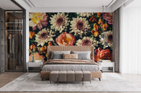 Feature wall with Wild Floral Serenity wallpaper in a bedroom.