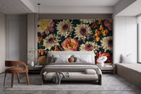 Bedroom wall mural with bold flower prints and moody tones.