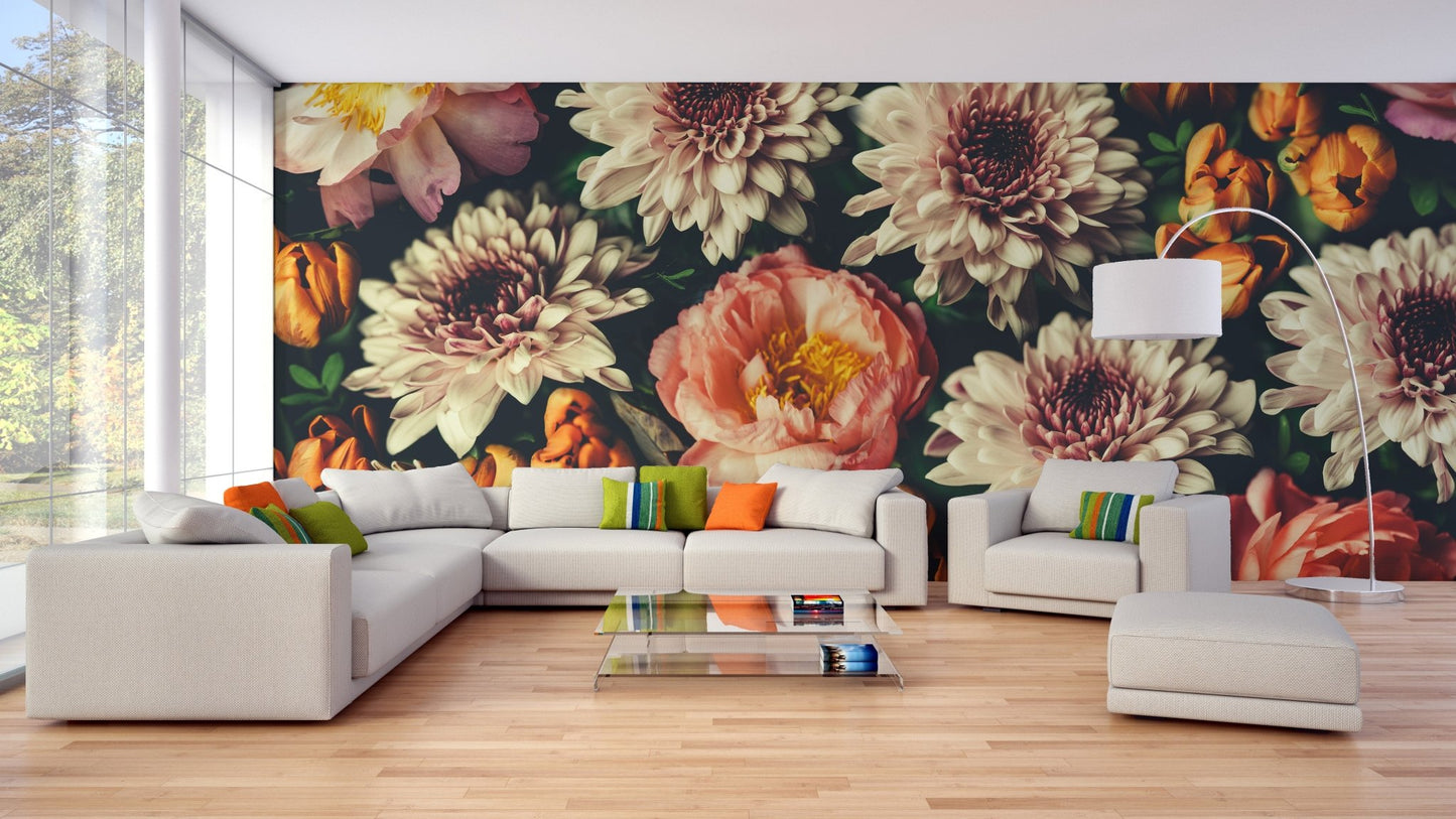 Modern living room featuring a dark floral accent wallpaper mural.
