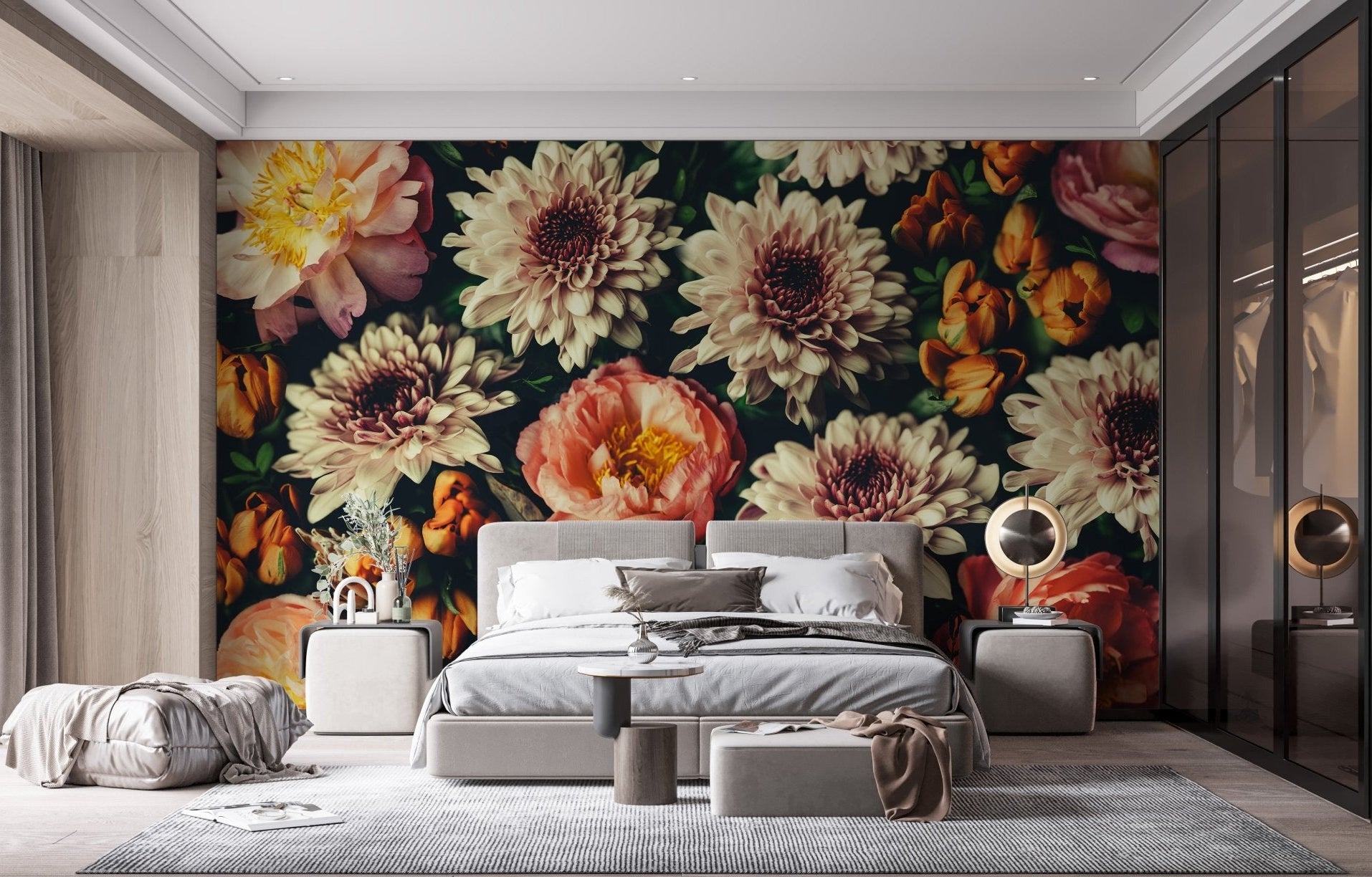 Wild Floral Serenity wallpaper in a modern bedroom setting.